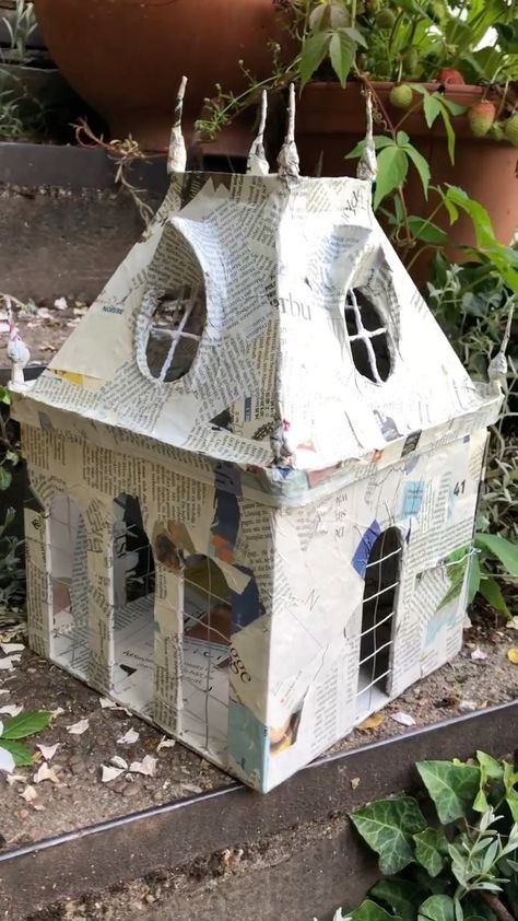 Did the next steps on my little papier-mâché garden pavilion 🏰 built the details for the roof and added the removable back facade... Happy … | Instagram Step By Step Paper Mache, Paper Mache House Diy, Cardboard House Design, Paper Mache Cat House, Paper Mache Dollhouse, Paper Mache Haunted House, Paper Mache Fairy House, Paper Mache Doll House, Diy Paper Mache Projects Ideas