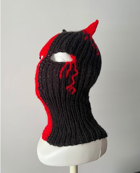 Balaclava knitted Ski Mask Devil with horns cosplay rockstar goth street style halloween y2k streetwear Skull like crochet - Handmade in Poland - 100% acrylic - Can be worn as a beanie with horns - Stretch to head fit - can be customized :) Send me a message for custom orders! Goth Street Style, Knitted Ski Mask, Balaclava Knitted, Ski Mask Beanie, Crochet Ski Mask, Horns Cosplay, Balaclava Crochet, Halloween Y2k, Ghost Face Mask