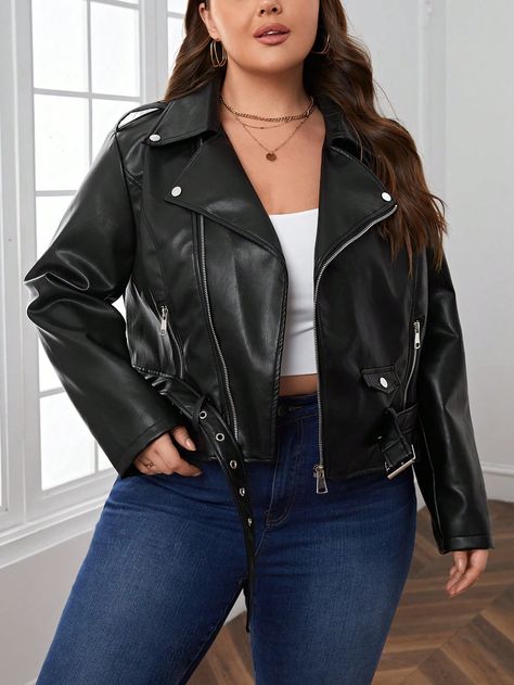 Black Casual Collar Long Sleeve PU Leather Plain Biker Embellished Non-Stretch  Women Plus Clothing Jackets For Women Plus Size, Womens Leather Jacket Outfit, Plus Size Leather Jacket, Womens Leather Biker Jacket, Fast Fashion Brands, Leather Jacket Outfits, Oversized Coat, Plus Size Kleidung, Affordable Clothes