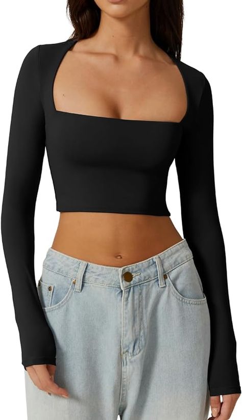 Crop Top Long Sleeve, Crop Top Long, Neck Crop Top, Square Neck, Crop Top, Slim Fit, T Shirts, Square, Long Sleeve