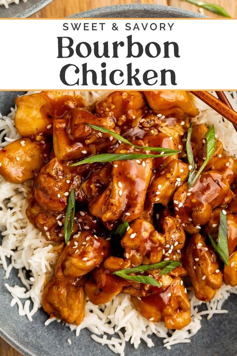 Tender chicken coated in a deliciously sweet and salty sauce, this bourbon chicken recipe tastes just like the takeout you can't resist! A totally family favorite, this recipe is quick and easy but loaded with flavor. Oh, and don't worry, it makes extra sauce, too! Burbon Chicken, Bourbon Chicken Recipe, 40 Aprons, Bourbon Chicken, Clean Eating Dinner, Sauce For Chicken, Healthy Dinner Recipes Chicken, Tender Chicken, Vegetarian Recipes Dinner