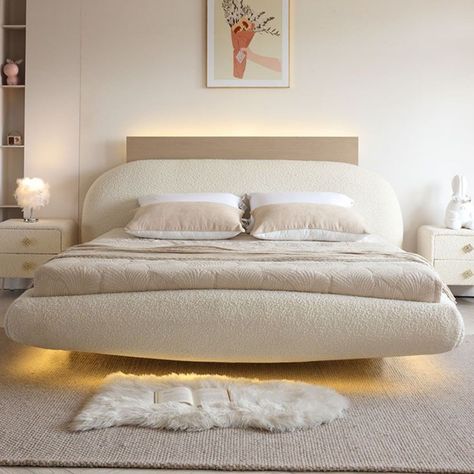 Large Bed Frame, Lighted Bed Frame, Soft Bed Frames, Boucle Bed Styling, Bed Frame Inspiration, Cute Bed Frames Queen, White Floating Bed, Cozy Bed Frames, Aesthetic Bed Ideas