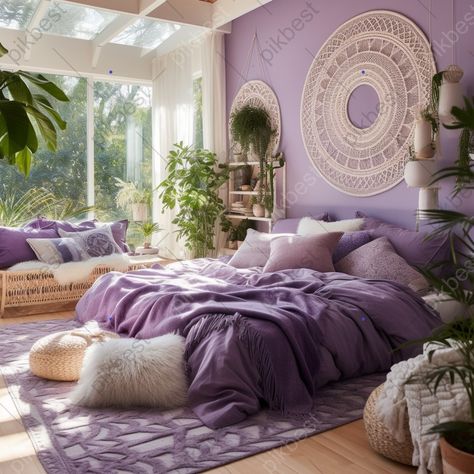 Lilac Bedroom Bed With Extremely Bright Hue Of 2022 In Bohemian Style Photo | JPG Free Download - Pikbest Purple Teenage Bedroom, Lilac Room Ideas Bedrooms, Bedroom Ideas Teenage Girl, Bedroom Ideas For Teenage Girl, Bedroom Purple Walls, Purple Bedroom Aesthetic, Purple Aesthetic Bedroom, Purple Bedroom Ideas, Lilac Room