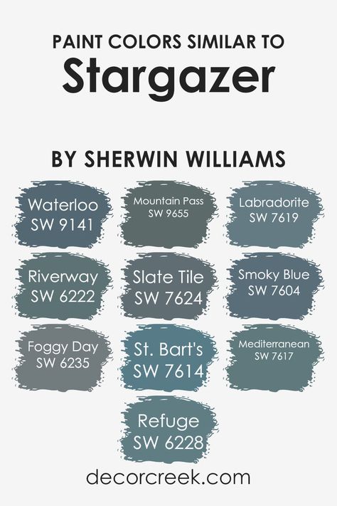 Similar colors are crucial in design, offering a cohesive aesthetic. Sherwin Williams' palette includes soothing and deep tones like Waterloo, Riverway, and Foggy Day, each evoking distinct emotions and adding depth. These hues, including Refuge, Mountain Pass, and Slate Tile, complement each other, creating a harmonious design scheme. St. Bart’s, Labradorite, and Smoky Blue add vibrancy, while Mediterranean infuses energy, completing the collection. Labradorite Paint Sherwin Williams, Blue Mystery Sherwin Williams, Sw Slate Tile Exterior, Sw Mountain Pass Paint, Slate Blue Paint Colors Sherwin Williams, Slate Tile Sherwin Williams Color Scheme, Sherwin Williams Riverway Color Palettes, Sw Slate Tile Paint, Stargazer Sherwin Williams