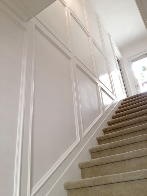 Moulded Walls, Bannister Makeover, Stairway Molding, Wall Trimming, Stair Moulding, Mandeville Canyon, Staircase Molding, Staircase Paneling, Applied Molding