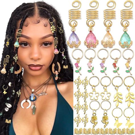 Locs With Gold Accessories, Hair Decorations For Braids, Loc Jewelry On Short Locs, Braids With Charms, Hair Charms For Braids, Gold Hair Cuffs, Tia Corine, Streaming Aesthetic, Loc Charms