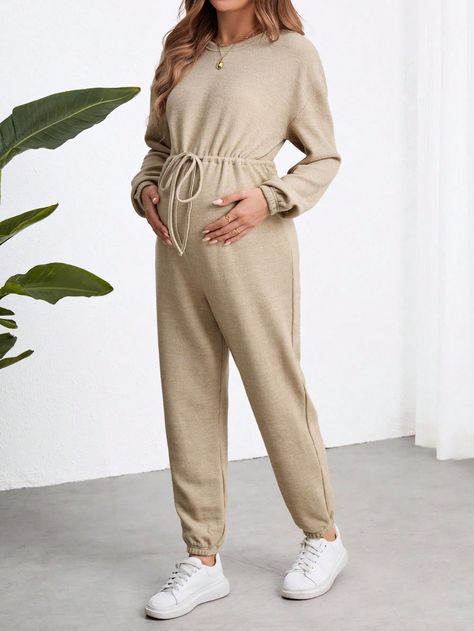 Maternity Long Sleeve Jumpsuit With Drawstring And Bow Knitted Romper For Fall/Winter Khaki Casual  Long Sleeve Knitted Fabric Plain Tee Medium Stretch  Maternity Clothing, size features are:Bust: ,Length: ,Sleeve Length: Maternity Jumpsuit, Plain Tees, Maternity Clothing, Knitted Romper, Long Sleeve Jumpsuit, Batwing Sleeve, Long Sleeve Knit, Maternity Clothes, Wide Leg Jeans