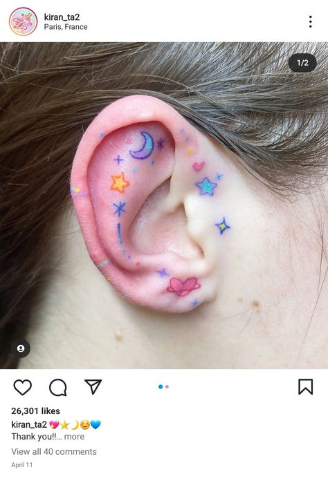 Kawaii Neck Tattoo, Kawaii Finger Tattoo, Kidcore Tattoo, Cute Ear Tattoos, Cute Colorful Tattoos, Kawaii Tattoo Ideas, Cutesy Tattoos, Small Aesthetic Tattoos, Kawaii Tattoos