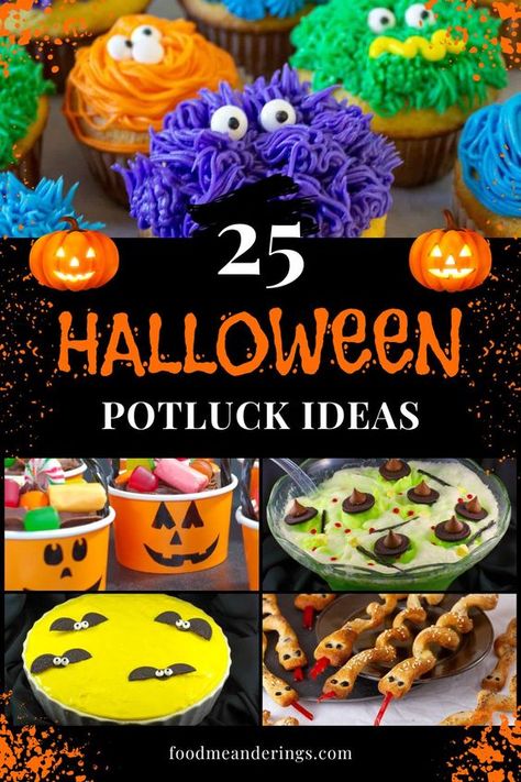 These 25 Halloween Potluck Ideas include recipes for sweet, savory, and transportable Halloween-themed foods that are ideal for any Halloween potluck! Halloween Desserts For Potluck, Easy Halloween Dishes For Potluck, Halloween Pot Luck Dishes, Halloween Potluck Foods, Easy Halloween Dishes, Halloween Potluck Ideas For Work, Halloween Potluck Ideas, Halloween Potluck Recipes, Halloween Cheese Ball