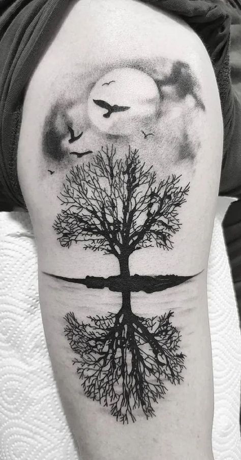 Tree with moon Tattoo - Forearm Tattoos for Men ⋆ Best Fashion Blog For Men - http://TheUnstitchd.com Moon Tattoo Ideas Men, Tree Reflection Tattoo, Tree With Moon Tattoo, Mens Tree Tattoo, Mens Moon Tattoo, Tree Tattoos Men, Moon Tree Tattoo, Moon And Tree Tattoo, In Memory Tattoos For Men