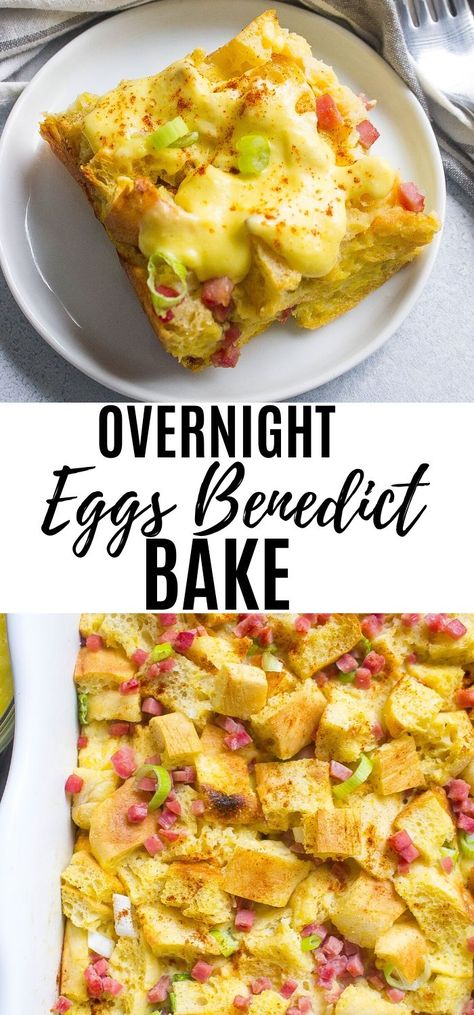 This Overnight Eggs Benedict Bake is prepped the night before and baked into a comforting breakfast dish! Made with hearty English muffins, rich eggs, ham, and topped with a homemade creamy hollandaise sauce! #breakfast #brunch #eggsbenedict #easyrecipe #overnightrecipe #eggs #delicious Eggs Benedict Breakfast Bake, Eggs Benedict Bake, Easy Eggs Benedict Casserole, Overnight Eggs Benedict, Easy Overnight Breakfast Casserole, Canadian Bacon Recipes, Berry French Toast Bake, Eggs Benedict Casserole Taste Of Home, Babs Famous Overnight Breakfast Casserole