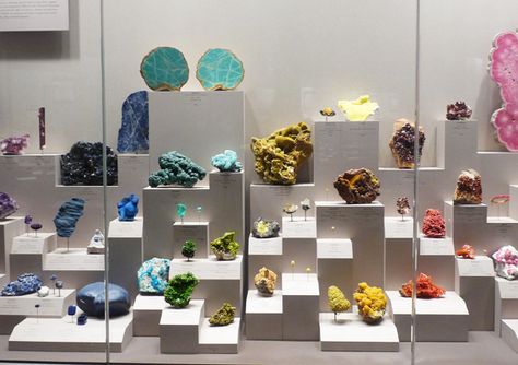 A rainbow of mineral samples at the Smithsonian Natural History Museum. #GemstoneJune Rock Collection Display, Smithsonian Museum, Nature Museum, Museum Displays, Museum Of Natural History, Natural History Museum, Mineral Collection, Rock Collection, Rocks And Gems