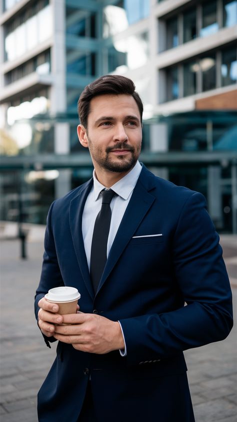 Man in formal wear standing outside a glass-fronted office building with a coffee. Man In Formal, Business Man Photography, Executive Presence, Smart Casual Office, Photography Office, Lawyer Outfit, Business Photoshoot, Corporate Style, Navy Blue Suit