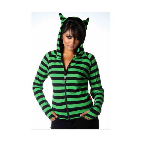 Living Dead Souls Black and Green Striped Kitty Ears Hoody (43 AUD) ❤ liked on Polyvore featuring jackets and coats & jackets Tattoo Clothing, Striped Cat, Purple Hoodie, Striped Hoodie, Gothic Outfits, Workout Hoodie, Pink Floyd, Grunge Outfits, Alternative Fashion