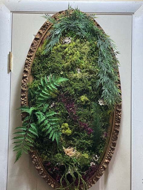 Moss With Flowers, Moss Mushroom Aesthetic, Moss Wall Art Mirror, Moss Framed Mirror, Mirror With Dried Flowers, Faux Moss Decor, Moss Letters Diy, Moss Mushroom Mirror, Moss Jewelry Display