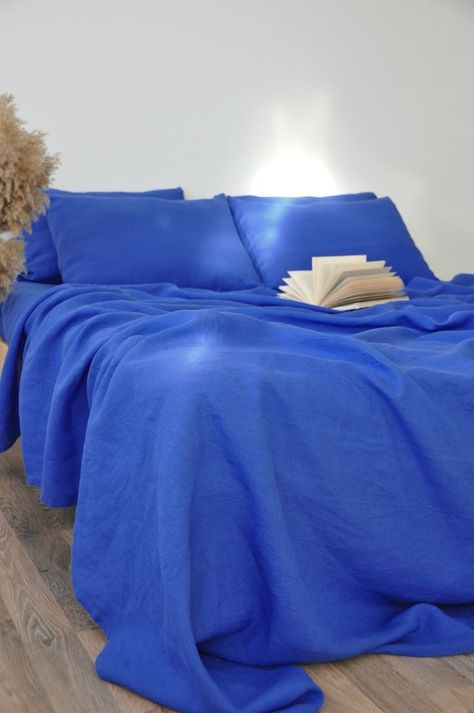 Luxurious Royal Blue Sheet Set Linen Fiber, Blue Sheets, Nature Friendly, Blue Bedding, Blue Bedroom, Fitted Sheets, Room Inspiration Bedroom, Dream House Decor, Bedroom Inspo