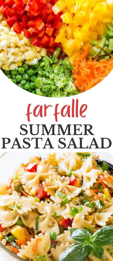 This easy-to-make farfalle pasta pasta salad is colorful, light and flavorful bowl of fresh vegetables the perfect summer recipe! This rainbow vegetable pasta salad is the perfect side dish for any bbq dinner. Easy Side Dishes Cold, Pasta Summer Salads, Farfalle Pasta Salad Recipes, Pasta Salad Veggie, Zesty Pasta Salad Recipes, Butterfly Pasta Salad, Butterfly Pasta Recipe, Cold Summer Salads Healthy, Colorful Pasta Salad