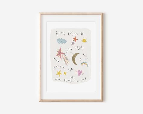 Dream big, Space, Moon, Stars, Kindness Nursery Print A lovely addition to your home, whether it's part of a gallery wall or a pretty addition to a nursery or kids bedroom. An uplifting phrase to bring joy to little ones.  Printed on 250gsm A4 white card. (21 x 29.7cm) Colours may vary due to monitor settings.    Frame not included Packaged in brown tissue paper, backed with greyboard, in a board backed 'do not bend' envelope. There is no plastic or cellophane used in this delivery for sustainability purposes. Baby Room Artwork, Brown Tissue Paper, Uplifting Phrases, Nursery Quotes, Nursery Room Inspiration, No Rain No Flowers, Angel Print, Kids Print, Doodle Coloring