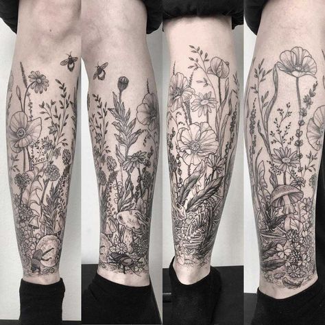 Field Of Flowers Tattoo, Natur Tattoo Arm, Botanisches Tattoo, Mangas Tattoo, Dead Bird, Lower Leg Tattoos, Nature Tattoo Sleeve, Bug Tattoo, Wildflower Tattoo