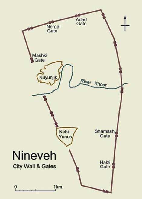 Simplified plan of ancient Nineveh showing city wall and location of gateways. Image created by Fredarch Ancient Nineveh, Ancient Near East, Ancient Mesopotamia, Hebrew Bible, Archaeological Discoveries, Ancient Origins, Mesopotamia, Ancient Ruins, Books Of The Bible