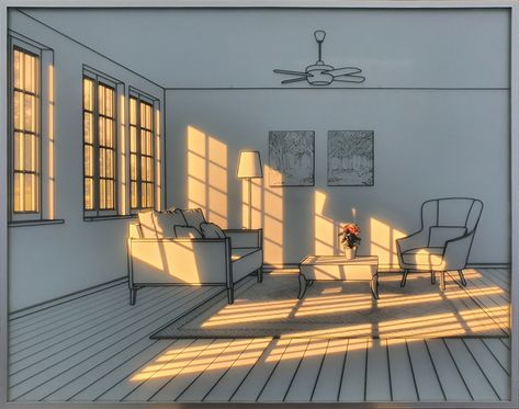 One Point Perspective Room Photography, Light Painting Template, Room Sketch, Shadow Architecture, Interior Reference, Light And Shadow Photography, Light Drawing, Window Shadow, Shadow Illustration