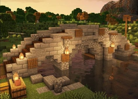 Minecraft Bridge Inspiration, Minecraft Medieval Bridge Design, Minecraft Village Bridge, Minecraft Moon Bridge, Cottage Town Minecraft, How To Make A Bridge In Minecraft, Minecraft Mining Town, Wheat Farms Minecraft, Minecraft Medieval Bridge Ideas