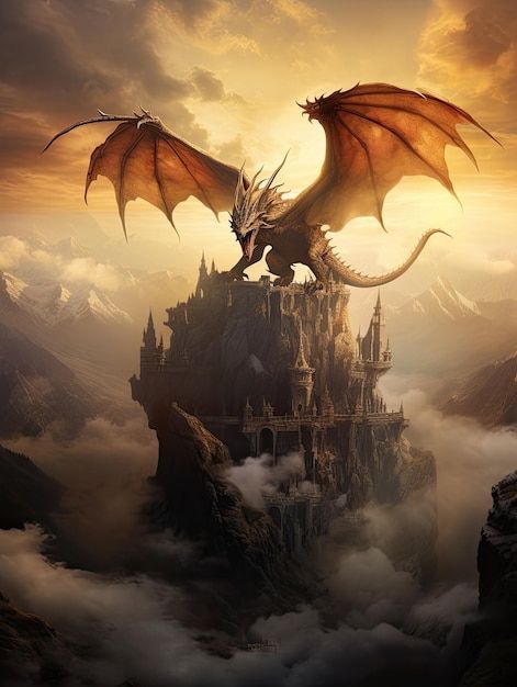 Photo a castle in the sky with a dragon ... | Premium Photo #Freepik #photo Dragon On Castle, A Castle In The Sky, Dragon Castle, Beautiful Dragon, Castle In The Sky, Fantasy Castle, Dragon Artwork, House Of Dragons, A Castle