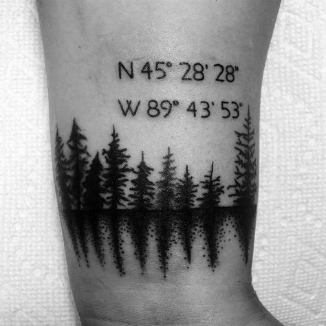 50 Coordinate Tattoo Ideas For Men - Geographic Landmark Designs Land Location Tattoo, Lake Inspired Tattoo, Alberta Tattoo Ideas, Coordinate Tattoo Ideas For Women, Coordinates Tattoo Men, Alberta Tattoo, Lake Tattoo Ideas, Lake Tattoos, Coordinate Tattoo Ideas