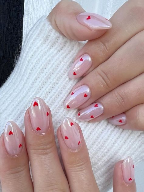 Pink And Red Love Heart Nails, Red Love Heart Nails, Love Nail Art Valentines Day, Valentines Nails Ideas Pink, Birthday Nail Set Ideas January, Trendy Heart Nails, Valentines Day Nails Aesthetic, Heart Chrome Nails, Pink Nails With Heart Design