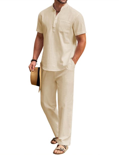 PRICES MAY VARY. 【Premium Cotton Fabric】-- Men's 2 piece cotton linen set are made of great fabric, lightweight, breathable and soft touch, moisture-wicking. This beach linen outfits signals the start of holiday! Make sure add this linen 2 piece outfits to your wardrobe for summer look. 【Casual 2 Piece Outfits】-- Men's henley shirts featuring with stand collar, button closure, short sleeve with chest pocket, simple style, solid color, slim fit, rounded hem. The loose fit beach pants features ela Men’s Matching Set, Men’s Beach Wear, Casual Beach Wedding Attire, Beach Linen Outfit, Beach Clothes For Men, Beach Fits Men, Collyer Brothers, Mens Beach Wedding Attire, Mens Resort Wear