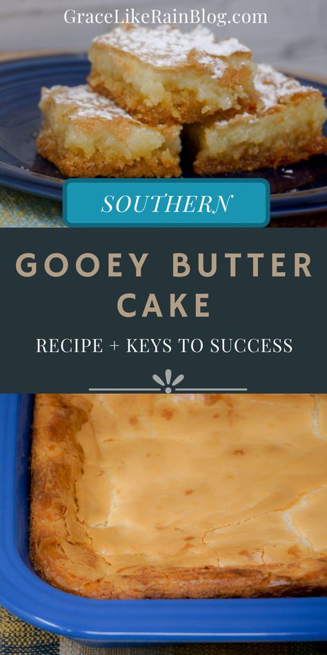 Gooey Butter Cake is a super easy two-layer bar dessert. It is so buttery and delicious with that flaky top and that ooey-gooey filling. This dessert is perfect for your next potluck! Gooey Butter Cake from a cake mix is an easy bar dessert that will knock your socks off. | Ooey Gooey Butter Cake | Butter Bars | Butter Cake Recipe | Paula Deen Butter Cake | Easy Brownies and Bars Recipes | Potluck Recipes Ooey Gooey Butter Bars, Manly Food, Paula Deen Butter Cake, Recipes Potluck, Gooey Butter Cake Recipe, Quick Sweets, Butter Cake Bars, Ooey Gooey Cake, Easy Brownies