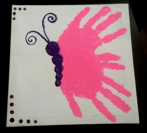 Pink Handprint Craft, Butterfly Handprint Craft Preschool, B Is For Butterfly Handprint, Butterfly Handprints Preschool, Butterfly Hand Print Craft, Cute Handprint Crafts, Mothers Day Canvas Painting Ideas Preschool, Hand Butterfly Craft, Handprint Butterflies Preschool