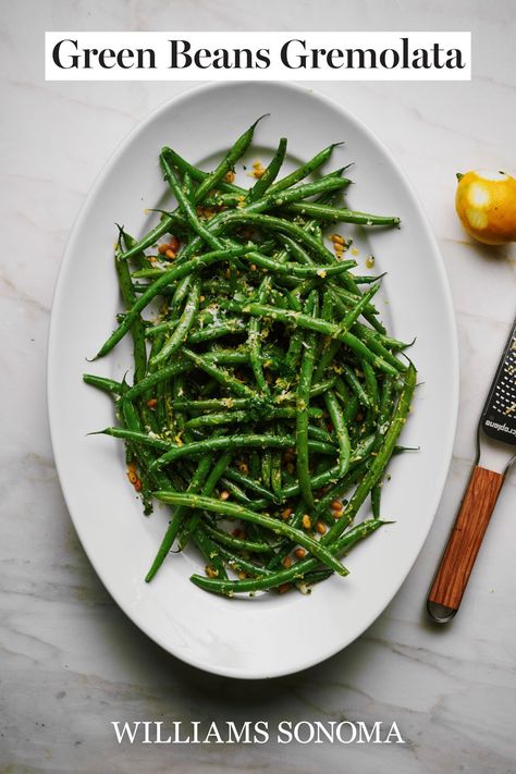 Thanksgiving String Bean Recipes, Green Bean Amandine Recipe, Ina Garten Green Beans, Thanksgiving String Beans, Green Beans Tomatoes Recipes, Green Bean Gremolata, Green Beans Gremolata, String Beans Recipe, Christmas Green Beans