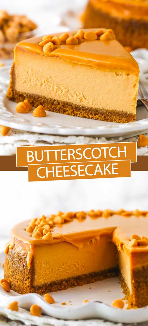 With butterscotch chips, butterscotch pudding, and butterscotch ganache, every bite of this Loaded Butterscotch Cheesecake explodes with creamy, rich butterscotch flavor. One of my all-time favorite cheesecakes! Butterscotch Pudding Cinnamon Rolls, Butterscotch Pudding Recipes Desserts, Maple Bacon Cheesecake Recipe, Brown Butter Cheesecake Recipes, Butter Beer Cheesecake, Butterbeer Cheesecake Recipe, Cheesecake Recipes For Christmas, Fall Cheesecake Flavors, Elegant Dessert Recipes