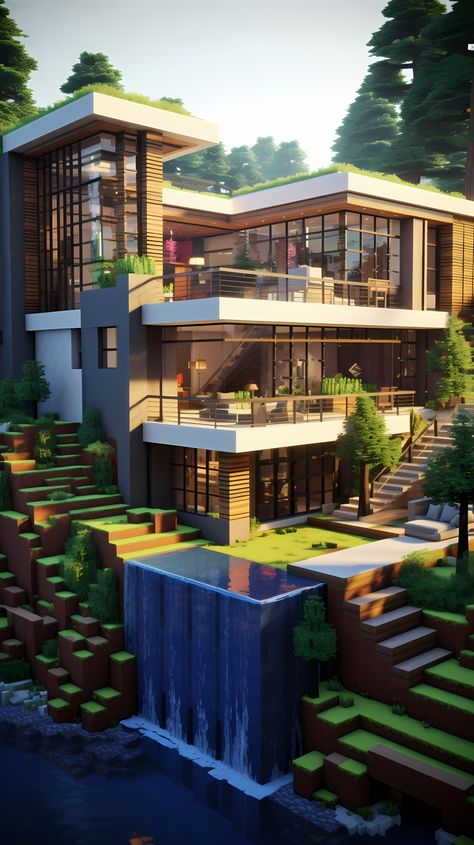 Cool House In Minecraft, Pinterest Minecraft House, Interesting Minecraft Houses, Modern Stone House Minecraft, Minecraft Big Modern House, Minecraft Infinity Pool, Mc Modern House, Rich House Minecraft, Modern Homes Minecraft