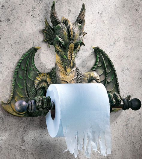 This I might actually buy! Imagine being able to give my husband a practical Christmas gift and still get 'good wife' points! Dragon Bath Tissue Holder Strange Gifts, Bathroom Tissue Holder, House Dream, Bathroom Tissue, Dragon Wall, Dragon Decor, Wall Mounted Toilet, Victorian House, Design Toscano