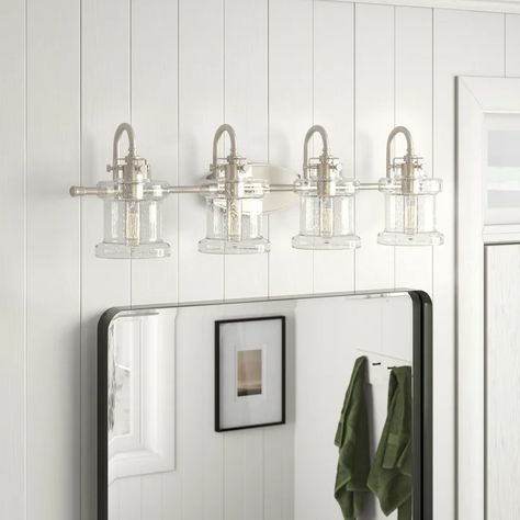 Sand & Stable Cory 4 - Light Dimmable Vanity Light & Reviews | Wayfair Brushed Nickel Light Fixtures, Nickel Light Fixtures, Coastal Farmhouse Bathroom, Vanity Lighting Over Mirror, Bathroom Brushed Nickel, Brushed Nickel Bathroom, Bathroom Redo, Coastal Farmhouse, Bathroom Light Fixtures