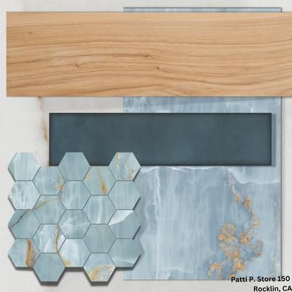 Moodboard Gallery | Floor & Decor Blue Gray Master Bath, Beach Tile Backsplash, Blue Marble Countertops Bathroom, Bathrooms With Curbless Showers, Blue Inspired Bathroom, Blue Grey Tile Bathroom, Non Slip Tiles For Bathroom, Ceramic Tile That Looks Like Marble, Ombre Shower Tile