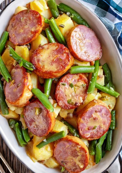 Grilled Brunch Recipes, Green Bean And Sausage Recipe, Kabasa Sausage Recipes, Sausage Green Bean Potato Casserole, Green Bean Potato Casserole, Recipes For 2, Green Beans Potatoes, Beans Potatoes, Creamer Potatoes