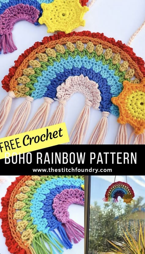 DIY Boho Crochet Rainbow – FREE CROCHET PATTERN — Craftorator Free Crochet Rainbow Patterns, Crochet Wall Art Pattern Free, Yarnspirations Patterns Free Crochet, Crochet Rainbow Pattern Free, Boho Crochet Patterns Free, Crochet Rainbow Pattern, Crocheted Rainbow, Chirstmas Decor, Crochet Rainbow