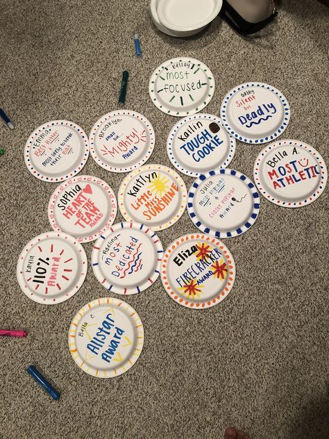 Basketball Paper Plate Awards, Paper Plate Awards Soccer, Swim Camp Ideas, Swim Superlatives, Paper Plate Awards For Cross Country, Paper Plate Awards Swimming, Swim Paper Plate Awards, Funny Softball Awards Ideas, Funny Volleyball Awards Ideas