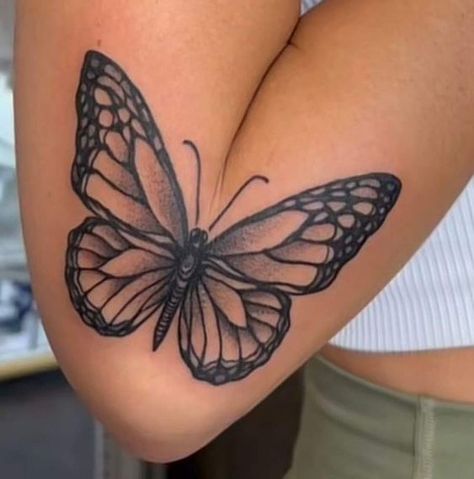 Butterfly Arm Tattoo Elbow, Over The Knee Butterfly Tattoo, Butterfly Tattoo Crease Of Arm, Butterfly Tattoo That Opens On Elbow, Huge Butterfly Tattoo, Tattoo Ideas Butterfly Arm Sleeve, Butterfly Tattoo Open And Close On Arm, Butterfly Tattoo Inner Elbow, Butterfly Tattoo Elbow Bend