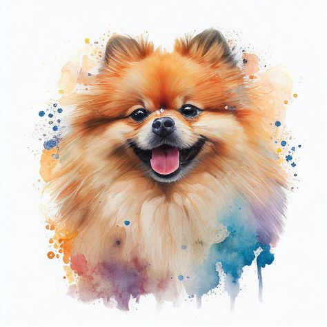 Pomeranian Dog Smiling Glass Wall Art #doglov Pomeranian Drawing, Watercolor Pomeranian, Pomeranian Painting, Pomeranian Illustration, Pomeranian Art, Dog Smiling, Colorful Dog Art, Dog Watercolor Painting, Dog Portraits Art