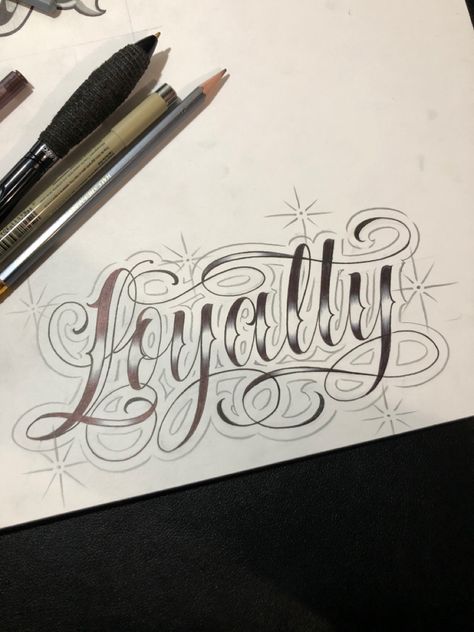 Loyalty Script Tattoo, Script Lettering Tattoo Calligraphy, Chicano Art Lettering, Family Lettering Tattoo Design, Chicano Art Style Letters, Tattoo Lettering Styles Names, Chicana Letters, T Tattoo Letter, Chicano Lettering Drawing