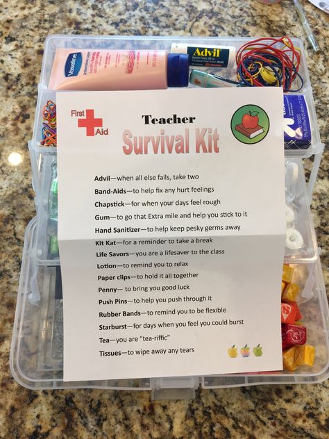 Teacher Survival Kit | Healthy Creative Home Teacher Survival Kit, Teacher Appreciation Themes, Survival Kit Gifts, School Survival Kits, Appreciation Gifts Diy, Staff Appreciation Gifts, Teacher Gift Baskets, Survival Kit For Teachers, Teacher Survival