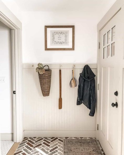 Bead Board Walls Entryway, Beige Shiplap, Beadboard Dining Room, Red Brick Floor, Beadboard Mudroom, Beadboard Hallway, Beadboard Entryway, Beadboard Half Wall, Wallpaper And Beadboard