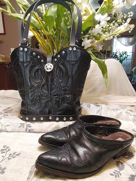 Recycle, Reuse and Repurpose! | Custom made from 45 yr old cowboy boots | Facebook Repurpose Cowboy Boots, Old Boots Repurpose, Repurpose Crafts, Old Cowboy Boots, Old Cowboy, Leather Creations, Old Boots, Boredom Busters, Crafty Things