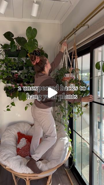 Chantel Gray | 🪴 Plants + DIY on Instagram: "Or comment “let’s hang out!” And I’ll DM you where to find both!!  I personally love the double curtain rods, because I don’t have to deal with fighting to close the curtains. Both of them have their own rod!  The laundry hangers went crazy viral last time I shared them and you guys love them as much as I do! They’re perfect for awkward windows and the pivoting function comes it handy every time! They do go out of stock fast so I have a lot of similar backup options linked as well!  Hope this helps my plant lovers and fronds!  Xo - Chantel   #planthacks #hangingplants #houseplantsofinstagram #houseplants #plantsmakemehappy #planttips" Hanging Plant Curtain Rod, Hanging Plants From Curtain Rod, Plant Curtain Window, Curtain Rod Plant Hanger, Diy Window Plant Hanger, Double Curtain Rod Ideas, Window Hanging Plants, Window Plant Hanger, Double Shower Curtain Rod