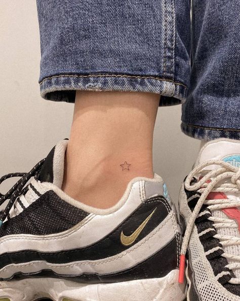 Mini Ankle Tattoos For Women, North Star Ankle Tattoo, Star On Ankle Tattoo, Star Tattoos On Ankle, Foot Tattoo Placement Ideas, Small Ankle Tattoos For Women Simple, Small Inner Ankle Tattoo, Tiny Tattoos Ankle, Ankle Star Tattoo