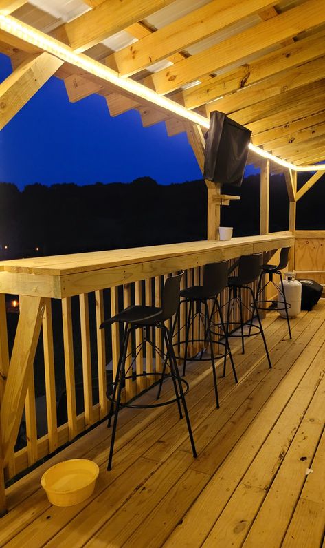 Bar on covered deck Deck With Kitchen And Bar, Bar On Deck Ideas, Rv Covers With Decks, Deck Bar Ideas, Deck With Bar, Deck For Rv, High Deck, Deck Bar, Patio Deck Designs